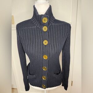 Talbots Pima Cotton Ribbed Mock Neck Petite S Blue Sweater Cardigan